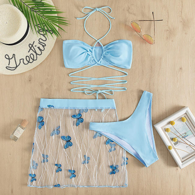Blue color strappy bikini butterfly skirt cover up set