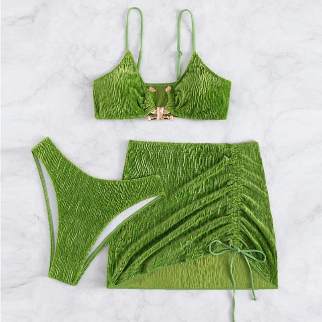 Green color sexy bikini cover up skirt set