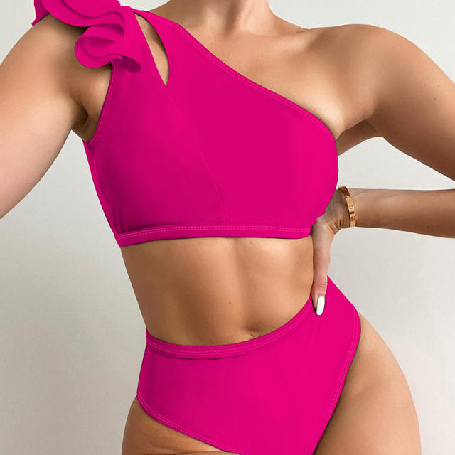 Plain color ruffle single shoulder high waist swimsuit