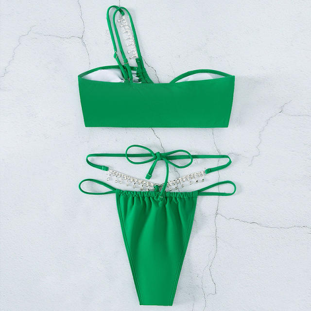 Sexy green color singler shoulder diamond bikini