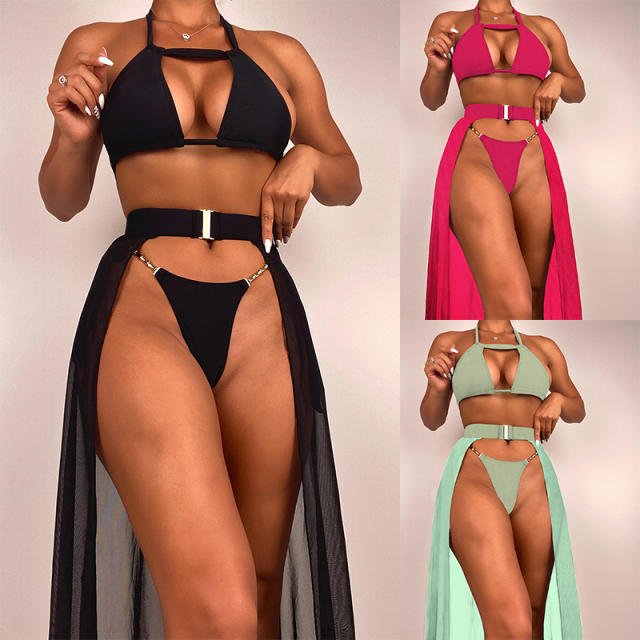 Sexy three piece plain color bikini swimsuit