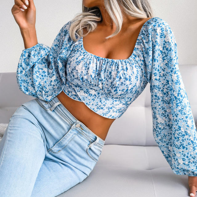 Holiday trend floral pattern balloon sleeve cropped tops