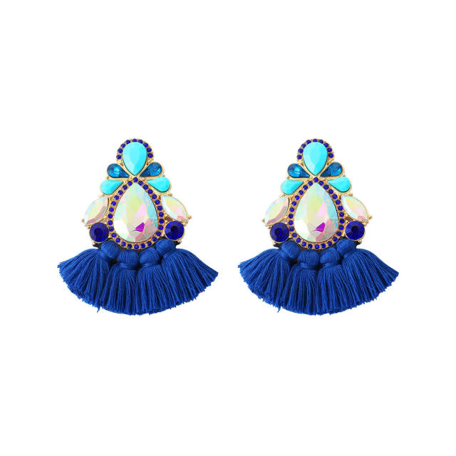 Boho colorful rope tassel glass crystal statement chunky earrings