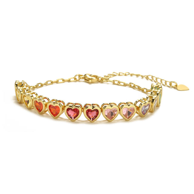 Delicate rainbow cubic zircon heart gold plated copper necklace bracelet set