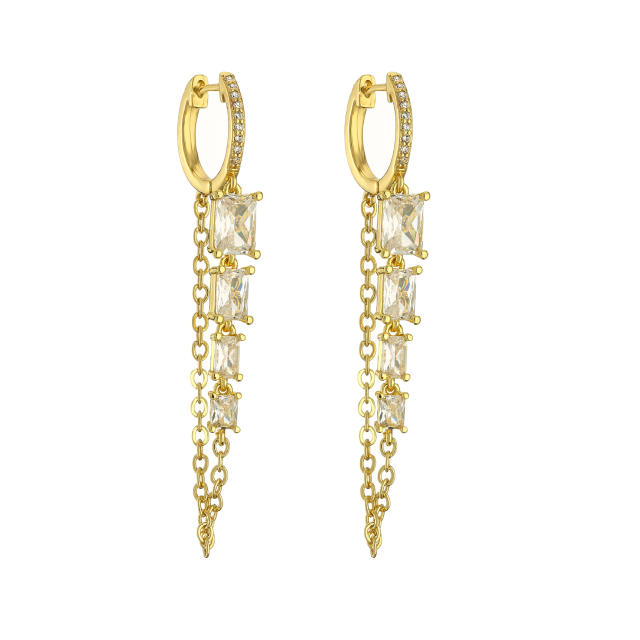 Colorful cubic zircon real gold plated copper tassel huggie earrings