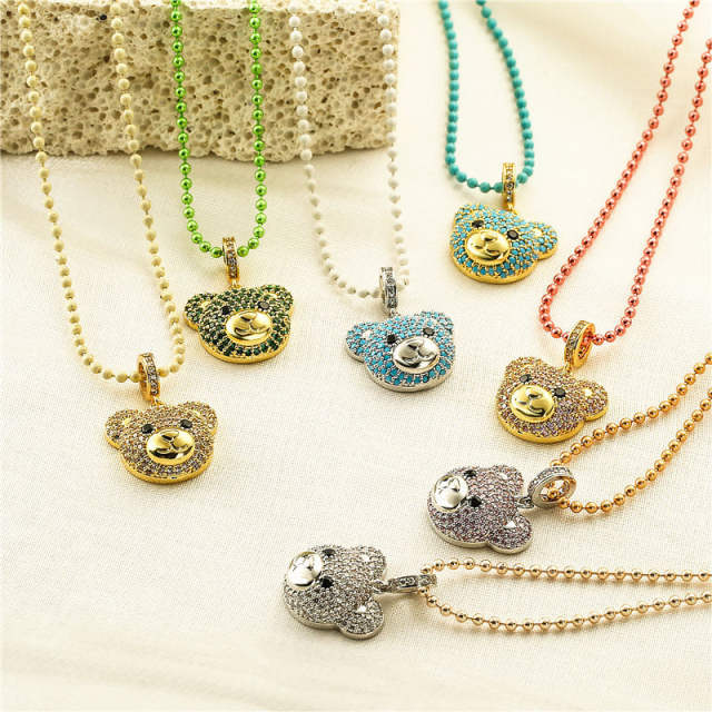 Cute diamond bear copper pendant color bead necklace