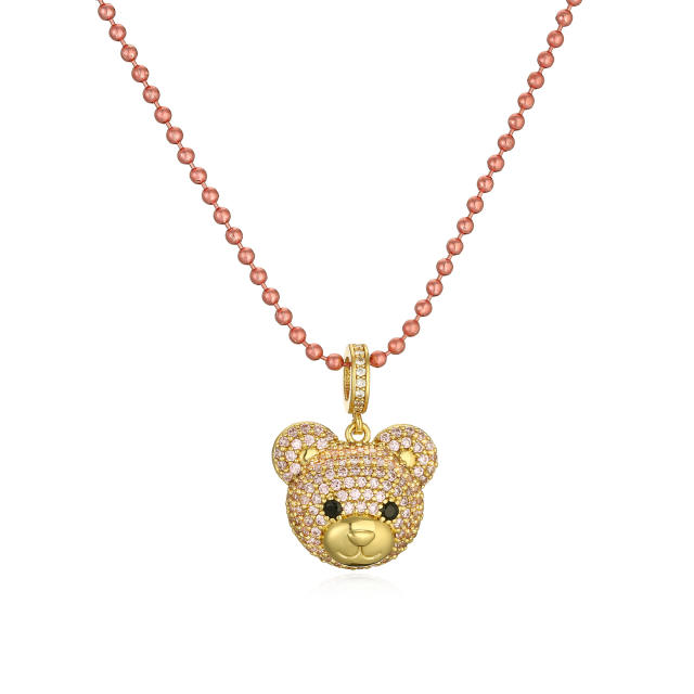 Cute diamond bear copper pendant color bead necklace