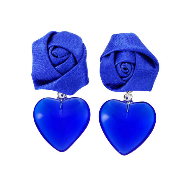 Fabric rose flower acrylic heart sweet earrings