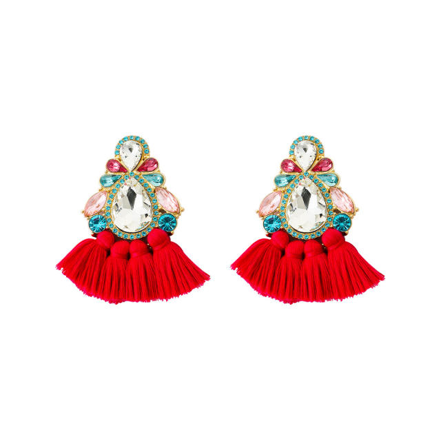 Boho colorful rope tassel glass crystal statement chunky earrings