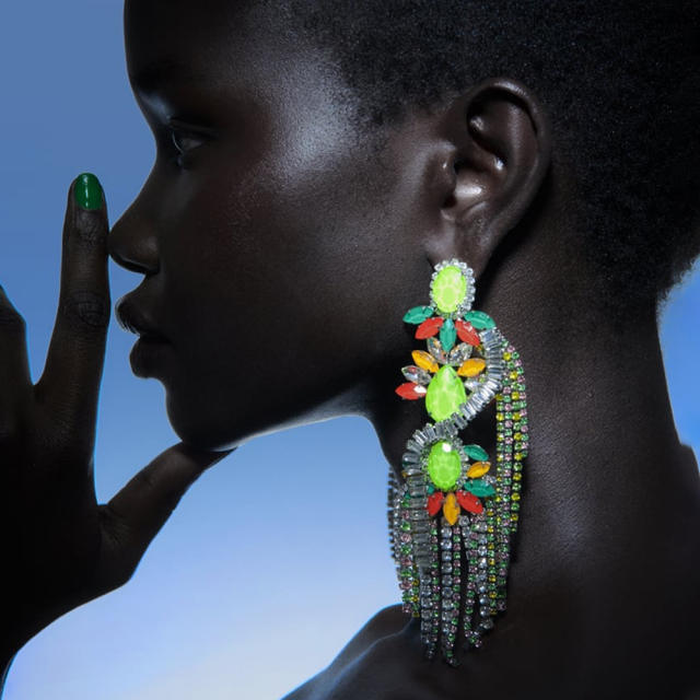 Chunky color glass crystal diamond tassel earrings