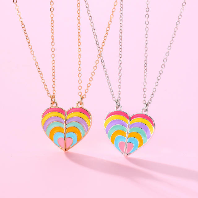 Hot sale rainbow heart enamel BFF necklace