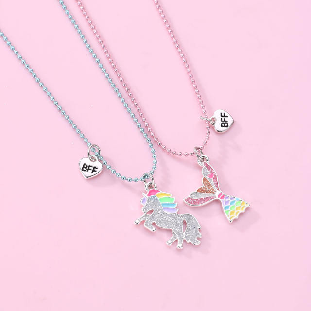 Delicate diamond unicorn fish tail BFF necklace set