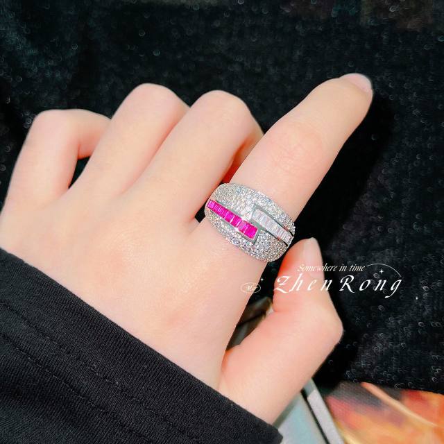 Luxury colorful cubic zircon pave setting statement copper rings
