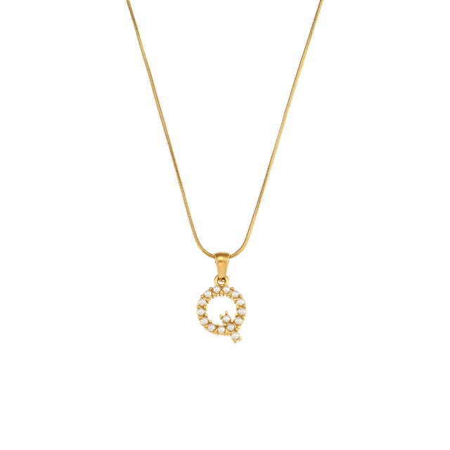 18KG pearl initial letter pendant snake chain stainless steel necklace