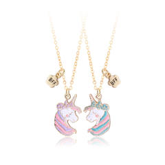 Sweet unicorn enamel alloy pendant BFF necklace set