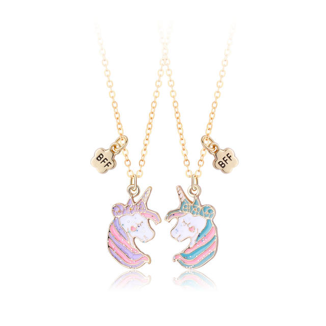Sweet unicorn enamel alloy pendant BFF necklace set