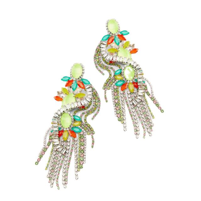Chunky color glass crystal diamond tassel earrings