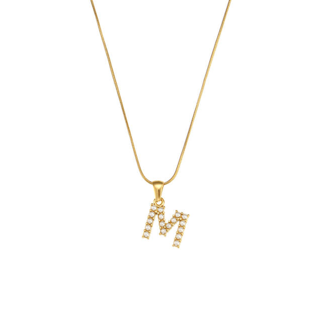 18KG pearl initial letter pendant snake chain stainless steel necklace