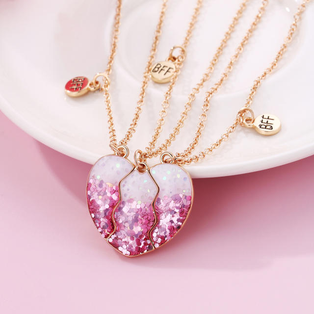 3pcs sweet gliter sequins Magnetic attraction heart BFF necklace