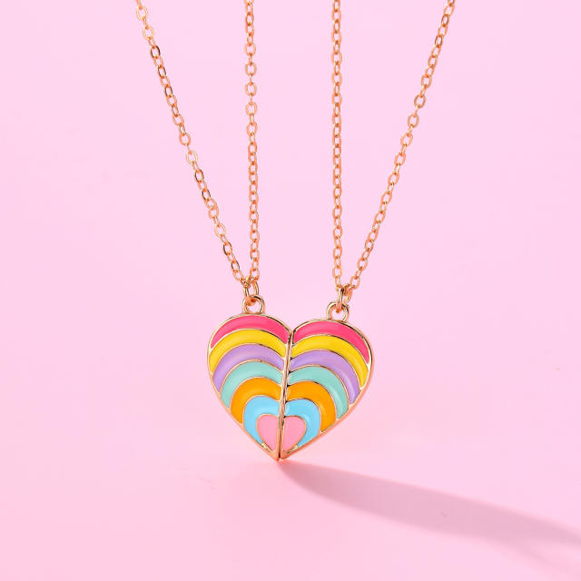 Hot sale rainbow heart enamel BFF necklace