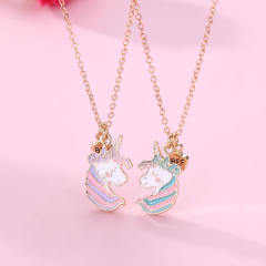 Sweet unicorn enamel alloy pendant BFF necklace set