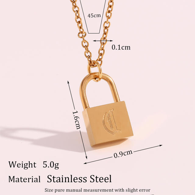 Hiphop vintage initial letter padlock pendant stainless steel necklace