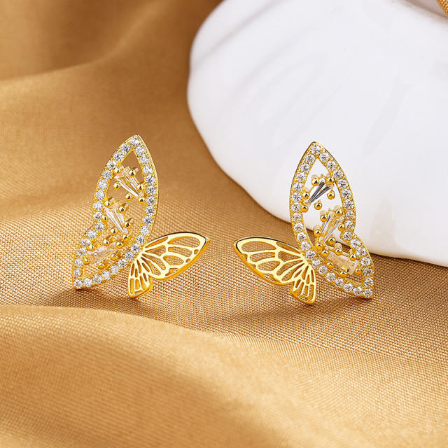 Delicate diamond hollow butterfly copper studs earrings