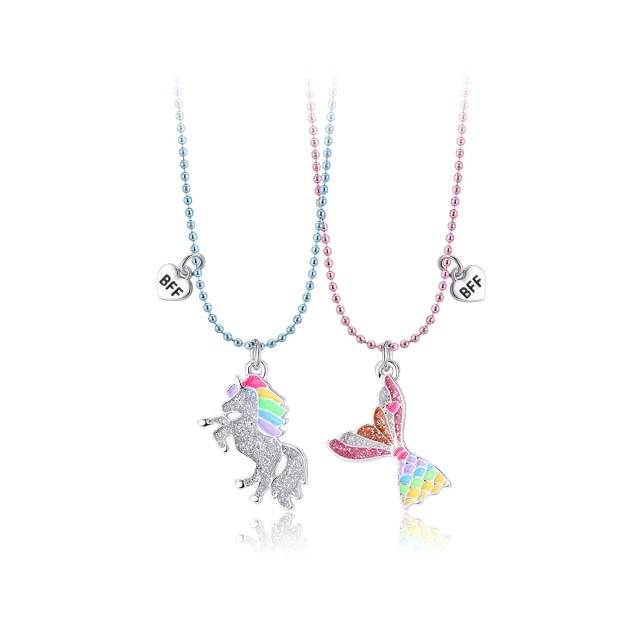 Delicate diamond unicorn fish tail BFF necklace set