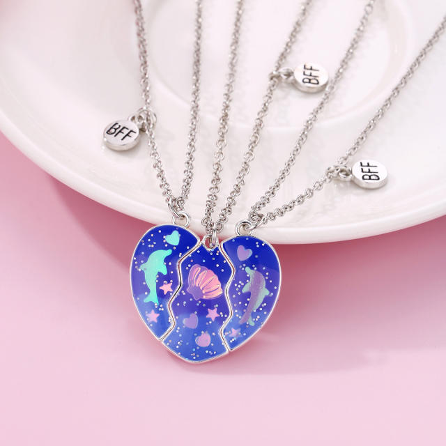 Creative dolphin shell 3pcs Magnetic attraction heart BFF necklace