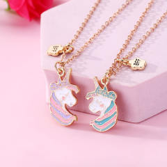 Sweet unicorn enamel alloy pendant BFF necklace set