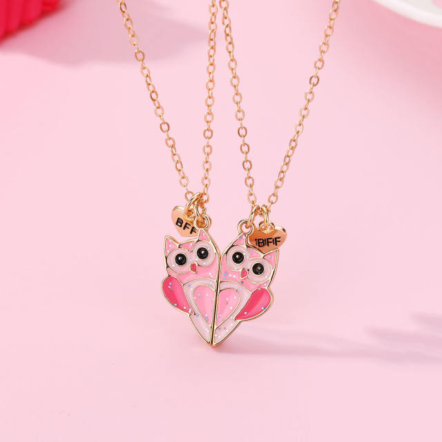 Cute pink enamel owl Magnetic attraction BFF necklace