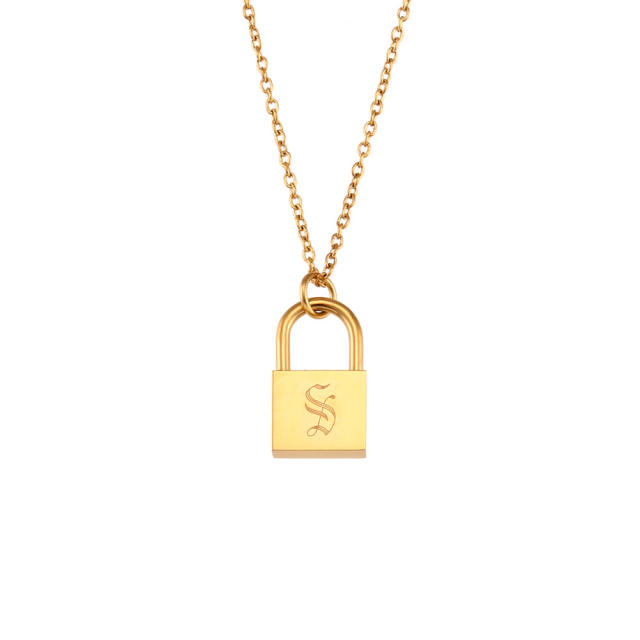 Hiphop vintage initial letter padlock pendant stainless steel necklace