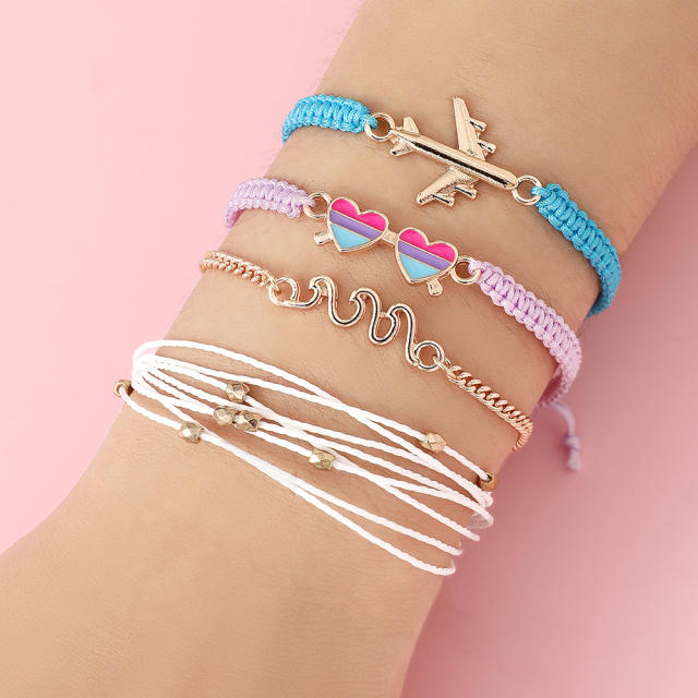 4pcs sweet color enamel heart plane braid bracelet set