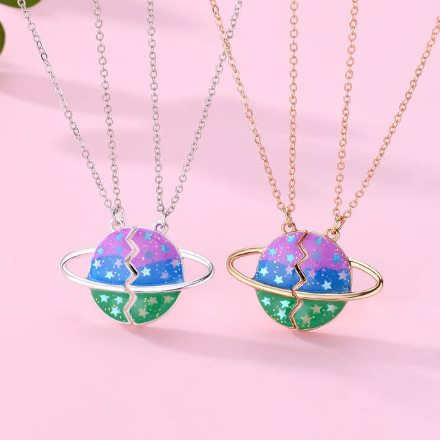 Color enamel alloy Magnetic attraction planet BFF necklace set