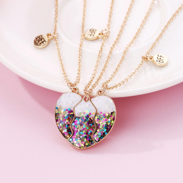 3pcs gliter sequins heart Magnetic attraction BFF necklace set