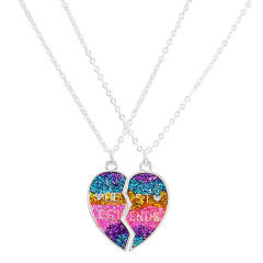 Rainbow color Gliter sequins heart BFF necklace set