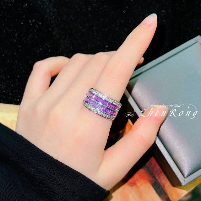 Luxury colorful cubic zircon pave setting statement copper rings