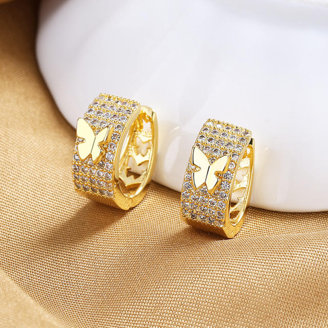 Full diamond butterfly copper huggie earrings
