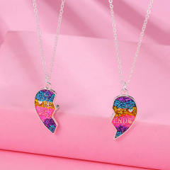 Rainbow color Gliter sequins heart BFF necklace set
