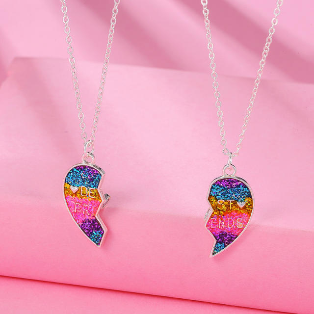 Rainbow color Gliter sequins heart BFF necklace set