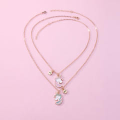 Sweet unicorn enamel alloy pendant BFF necklace set