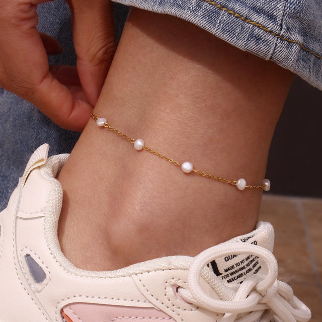 Easy match elegant pearl diamond stainless steel anklet