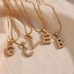 18KG pearl initial letter pendant snake chain stainless steel necklace