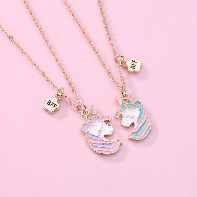 Sweet unicorn enamel alloy pendant BFF necklace set