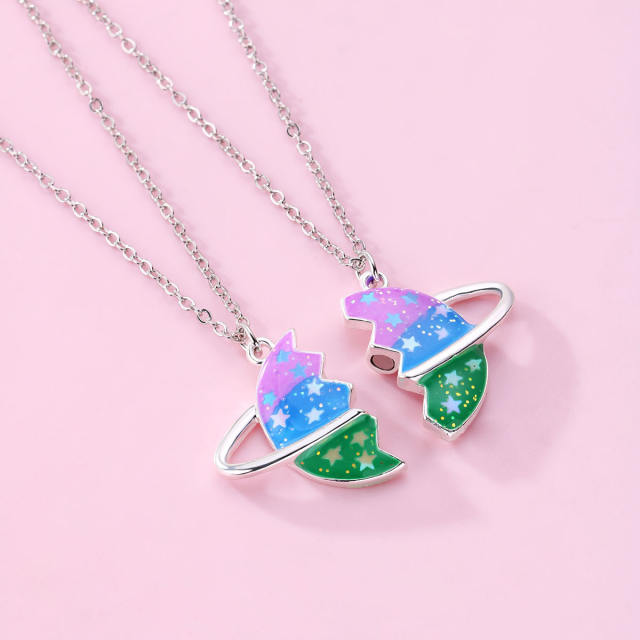 Color enamel alloy Magnetic attraction planet BFF necklace set