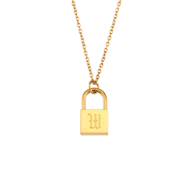 Hiphop vintage initial letter padlock pendant stainless steel necklace