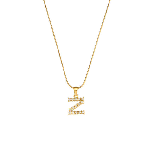 18KG pearl initial letter pendant snake chain stainless steel necklace