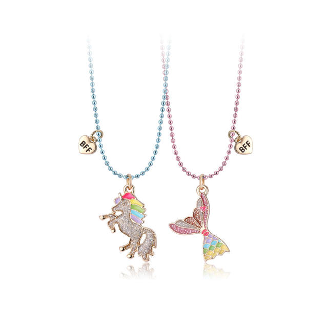 Delicate diamond unicorn fish tail BFF necklace set
