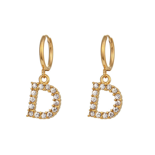 Personality diamond initital letter stainless steel huggie earrings