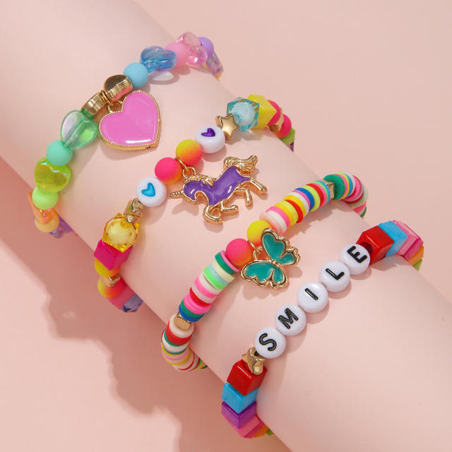 Sweet colorful clay beads butterfly heart kids bracelet set